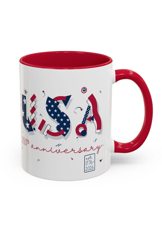 Mug with 'USA' and 2021 text on a white background with red interior and handle