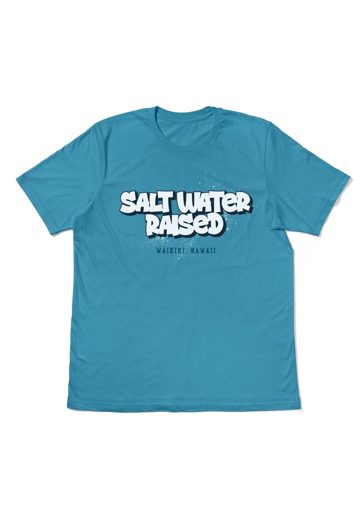 Waikiki Hawaii Blue t-shirt with 'Salt Water Raised' text flat front image