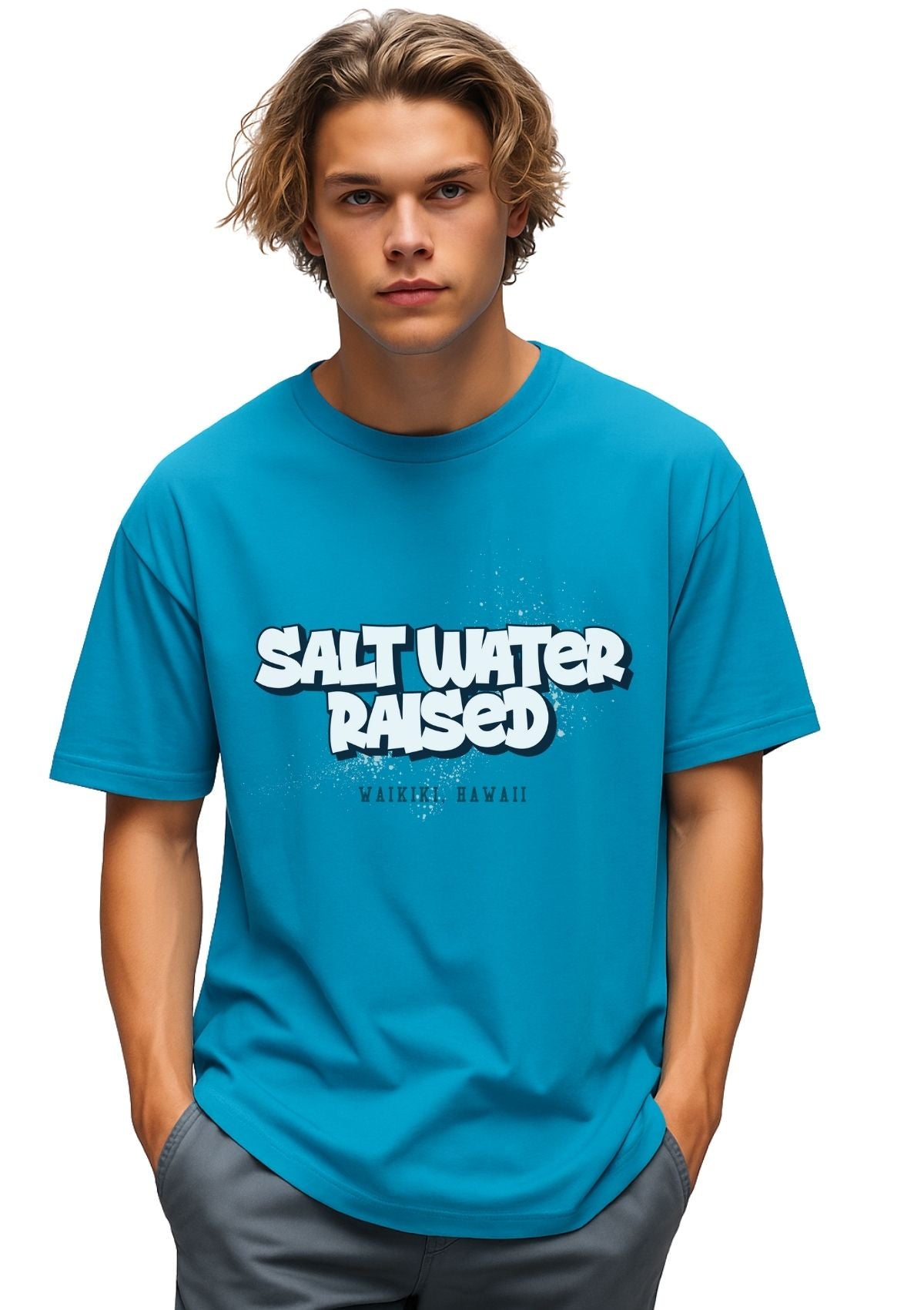 Male wearing a aqua blue t-shirt with 'Salt Water Raised Waikiki Hawaii