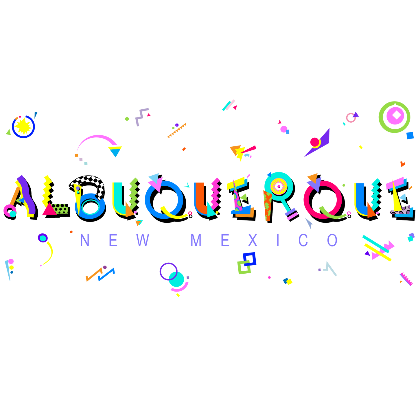 Colorful text 'ALBUQUERQUE NEW MEXICO' with POPtype fonts on a white background