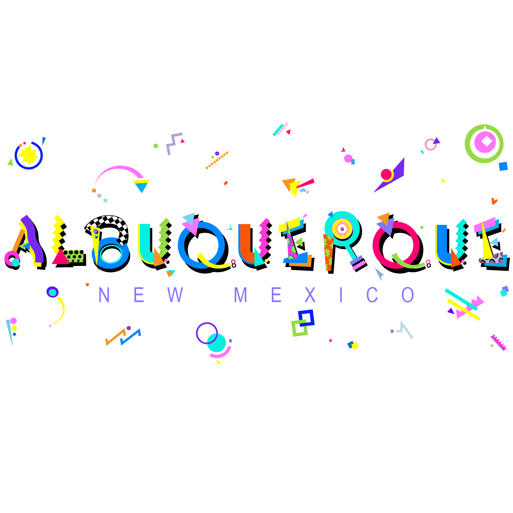 Colorful text 'ALBUQUERQUE NEW MEXICO' with POPtype fonts on a white background