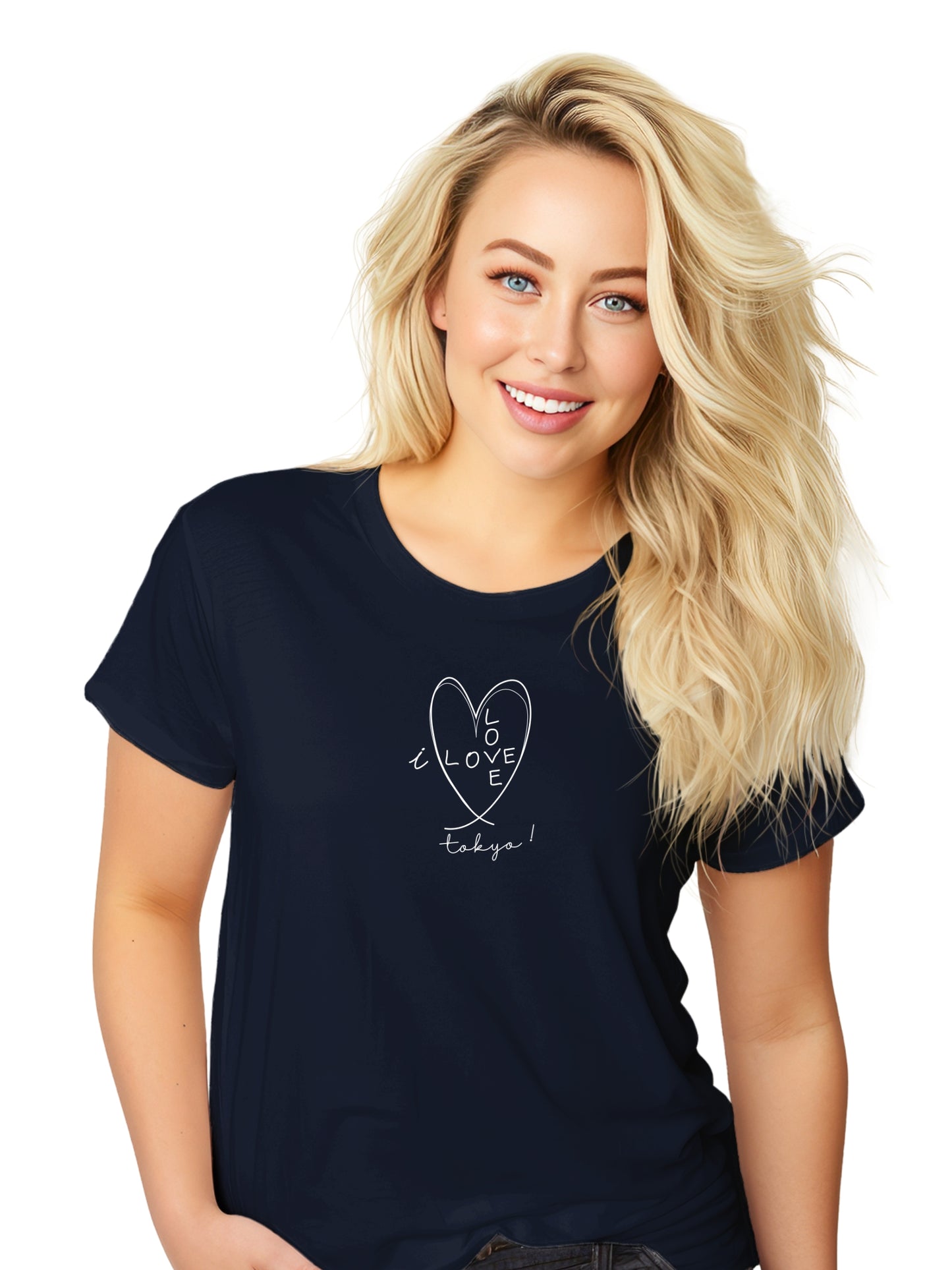 blond women wearing black I love tokyo tee