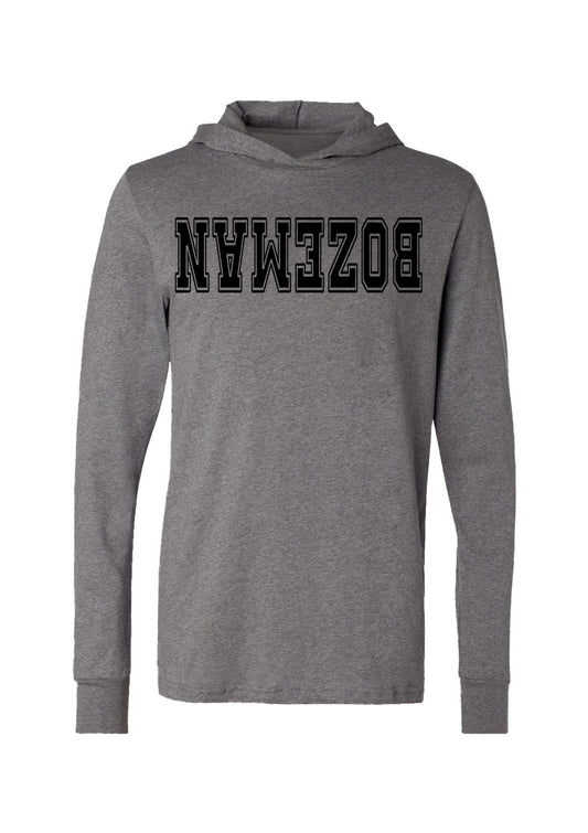 A heather gray, long-sleeved hoodie with 'BOZEMAN' flipped print in bold collegiate block lettering on the chest.