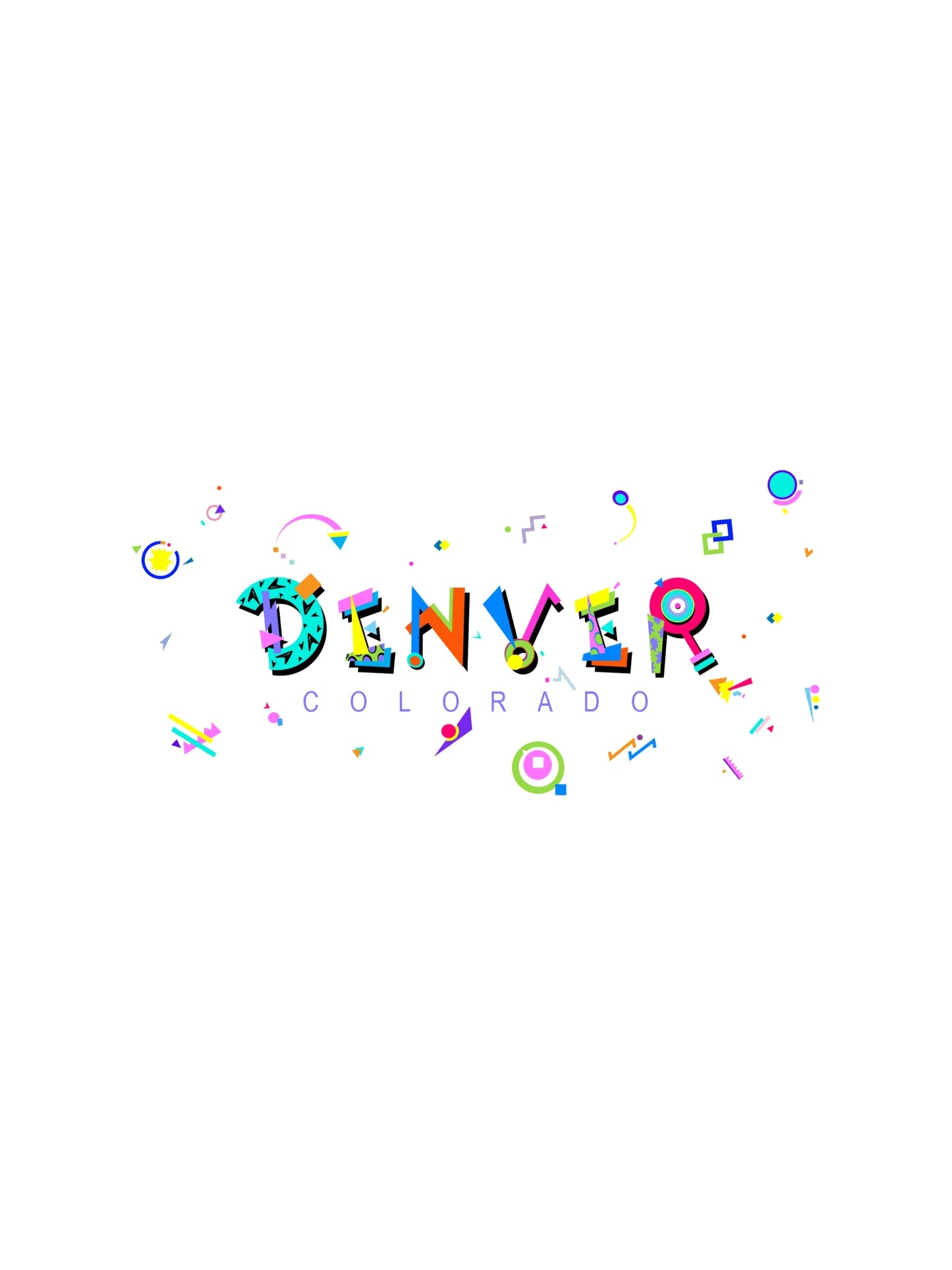 A colorful graphic souvenir t-shirt with 'DENVER COLORADO' printed in boldmemphis style fonts surrounded by playfull fun shapes