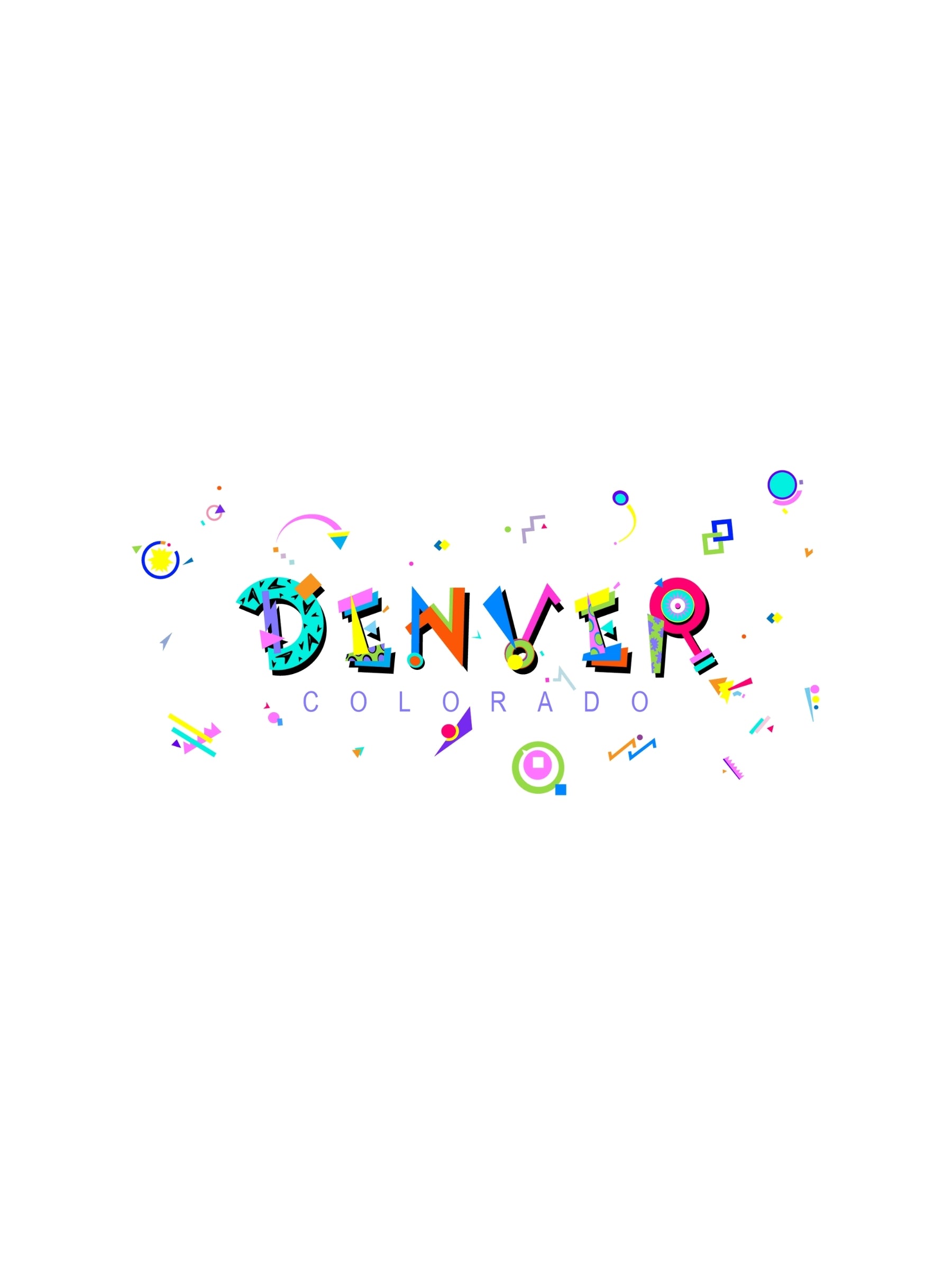 A colorful graphic souvenir t-shirt with 'DENVER COLORADO' printed in boldmemphis style fonts surrounded by playfull fun shapes