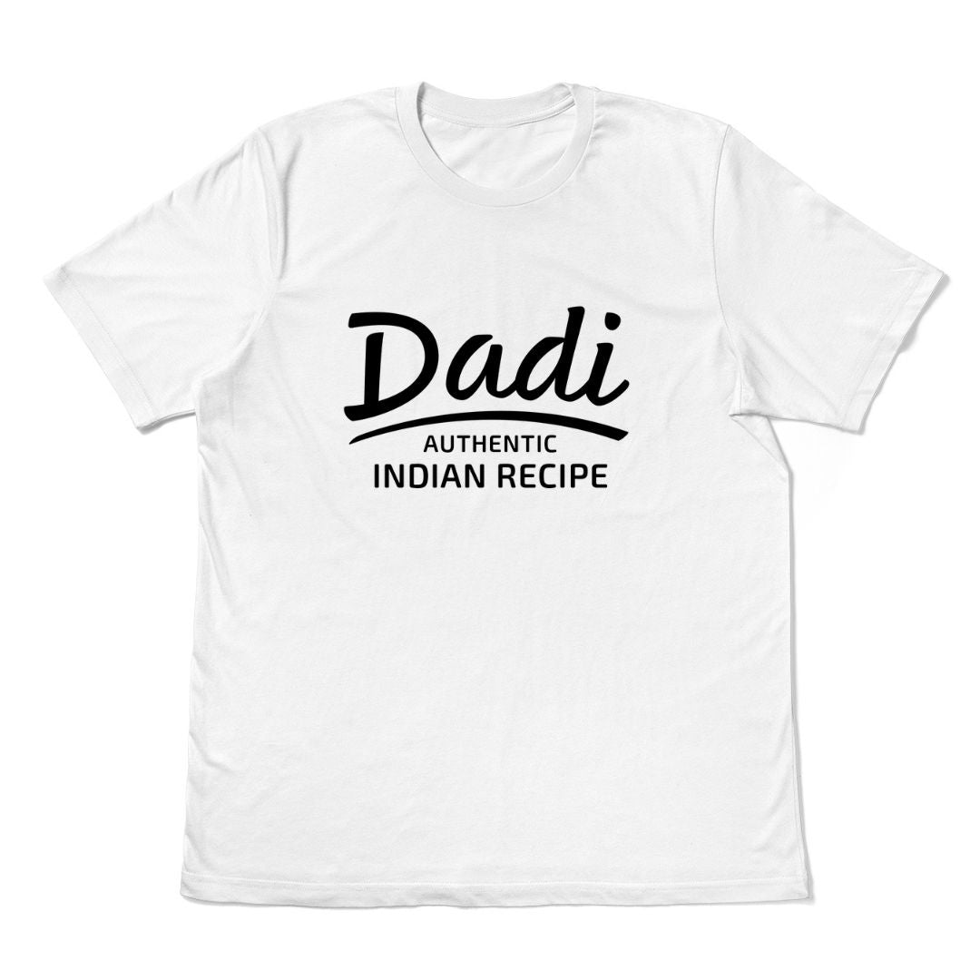 Dadi Authentic Indian Recipe t-shirt on white Airlume cotton — gift for Indian grandmother.