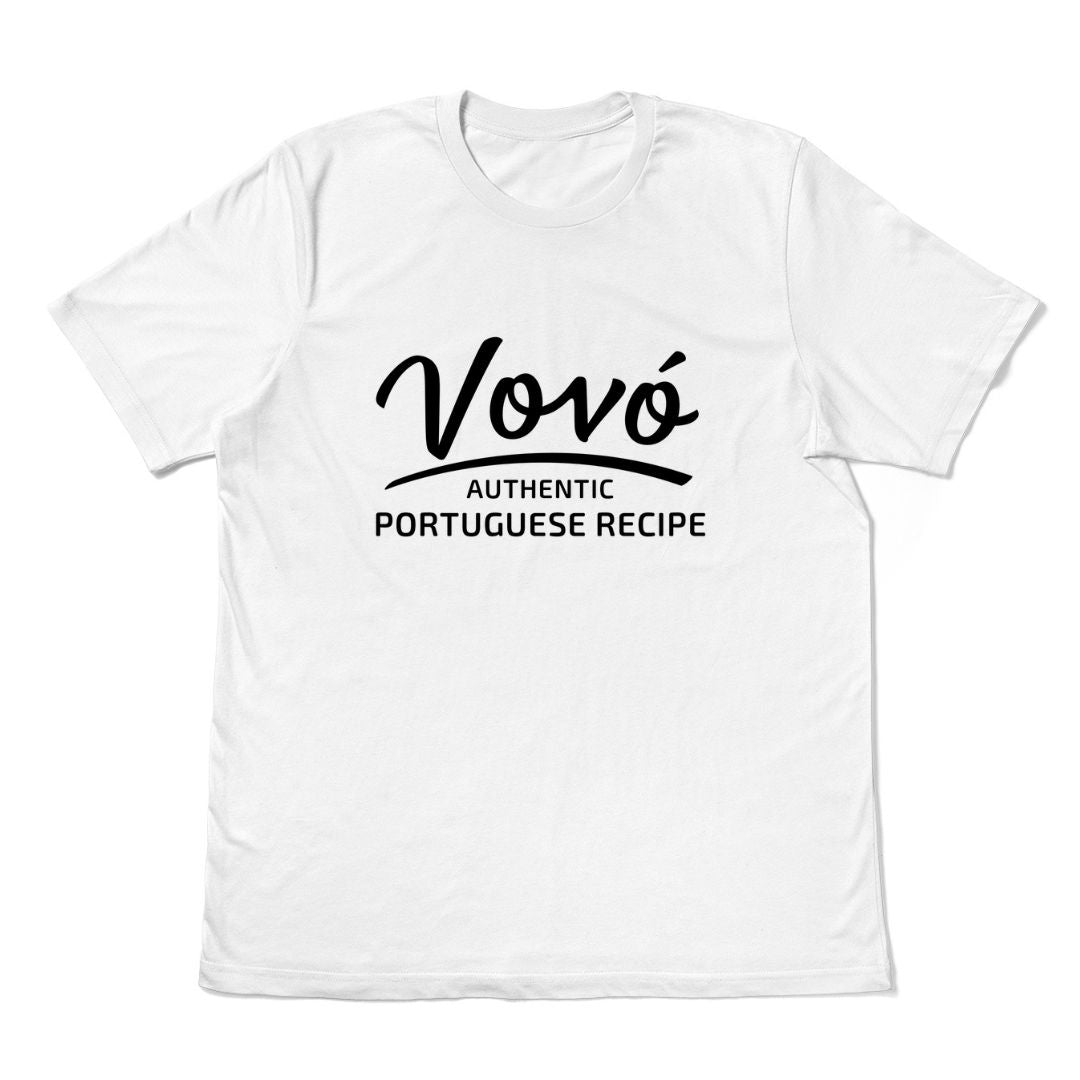 Vovó Authentic Portuguese Recipe t-shirt on white Airlume cotton — gift for Portuguese grandmother.