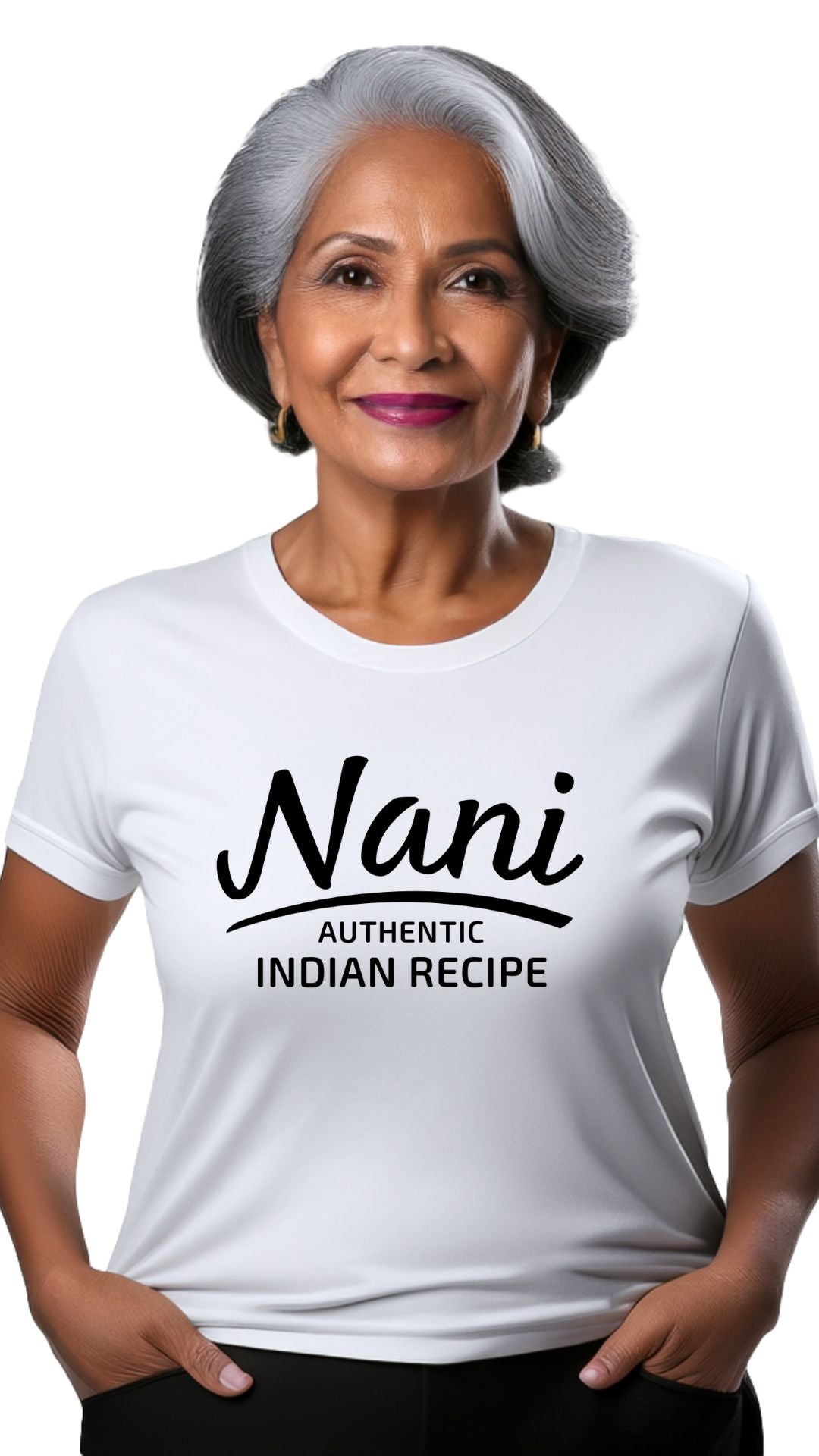 Nani Authentic Indian Recipe t-shirt on white Airlume cotton — gift for Indian grandmother on model