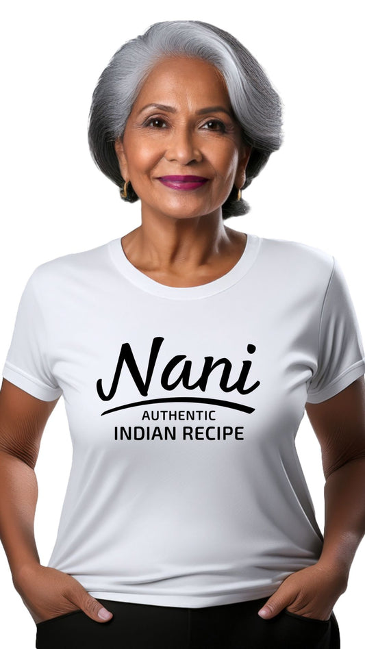 Nani Authentic Indian Recipe t-shirt on white Airlume cotton — gift for Indian grandmother on model