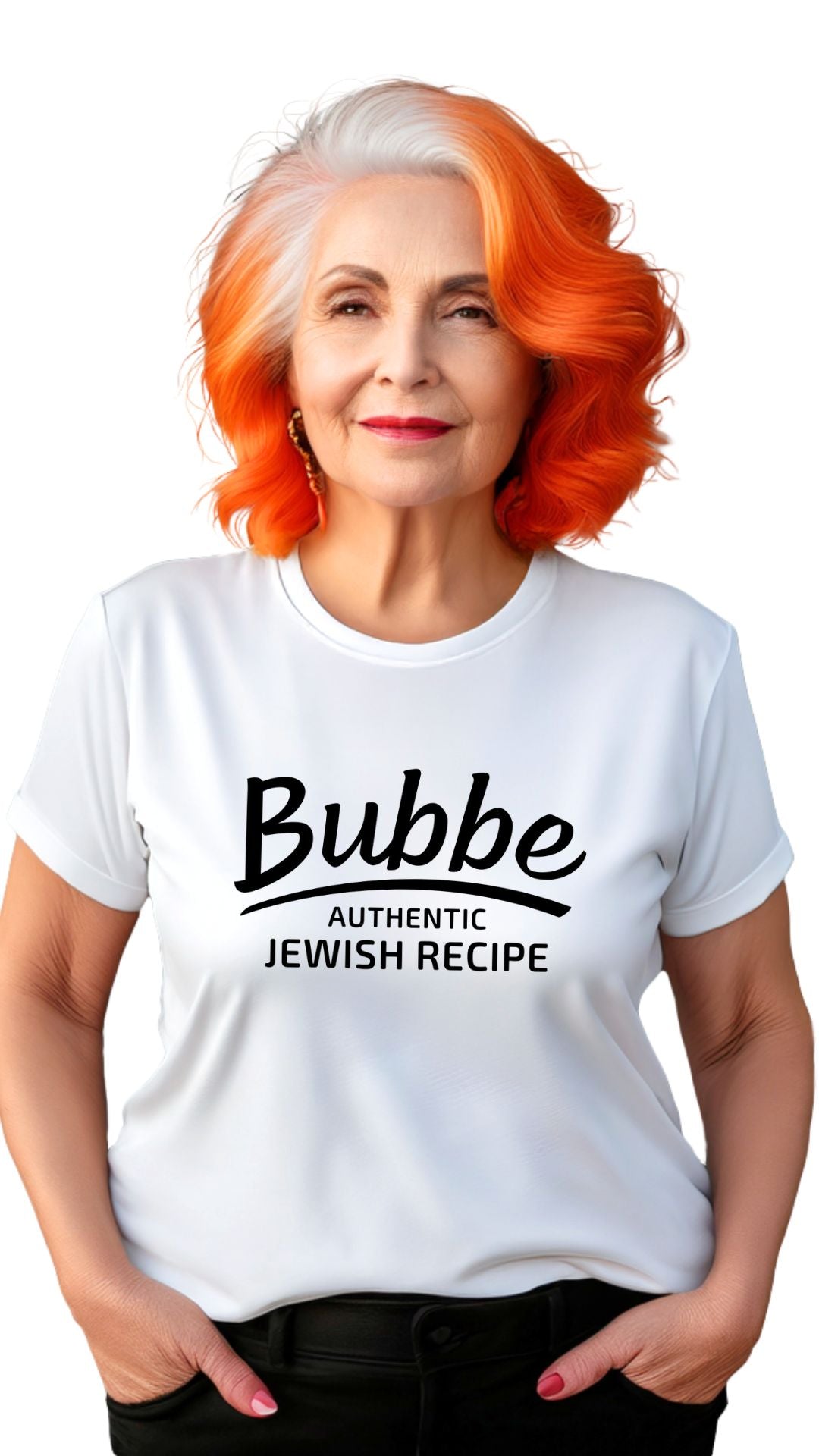Bubbe Authentic Jewish Recipe t-shirt on white Airlume cotton — gift for Jewish grandmother on model