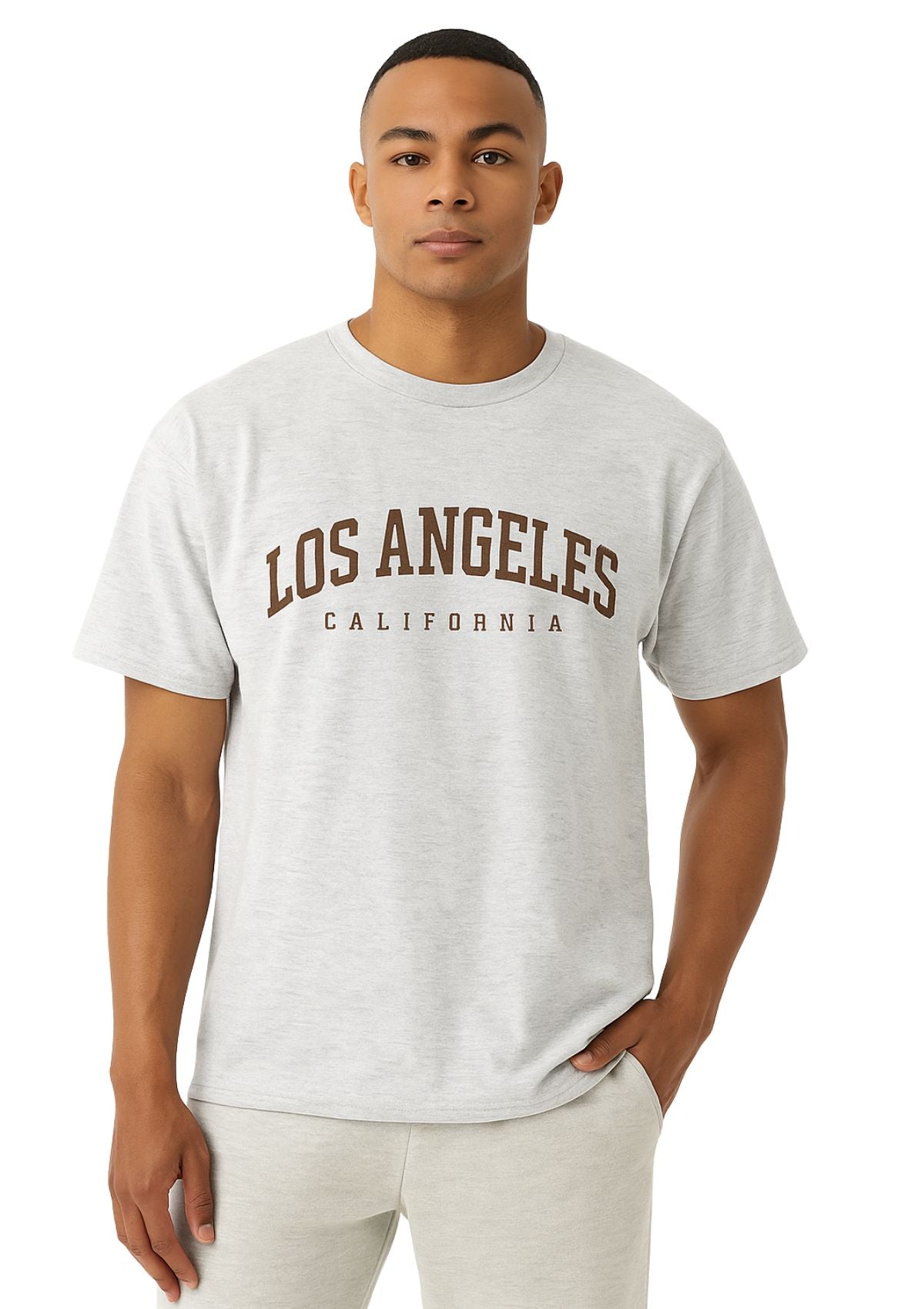 Man wearing an athletic gray t-shirt with Los Angeles California
