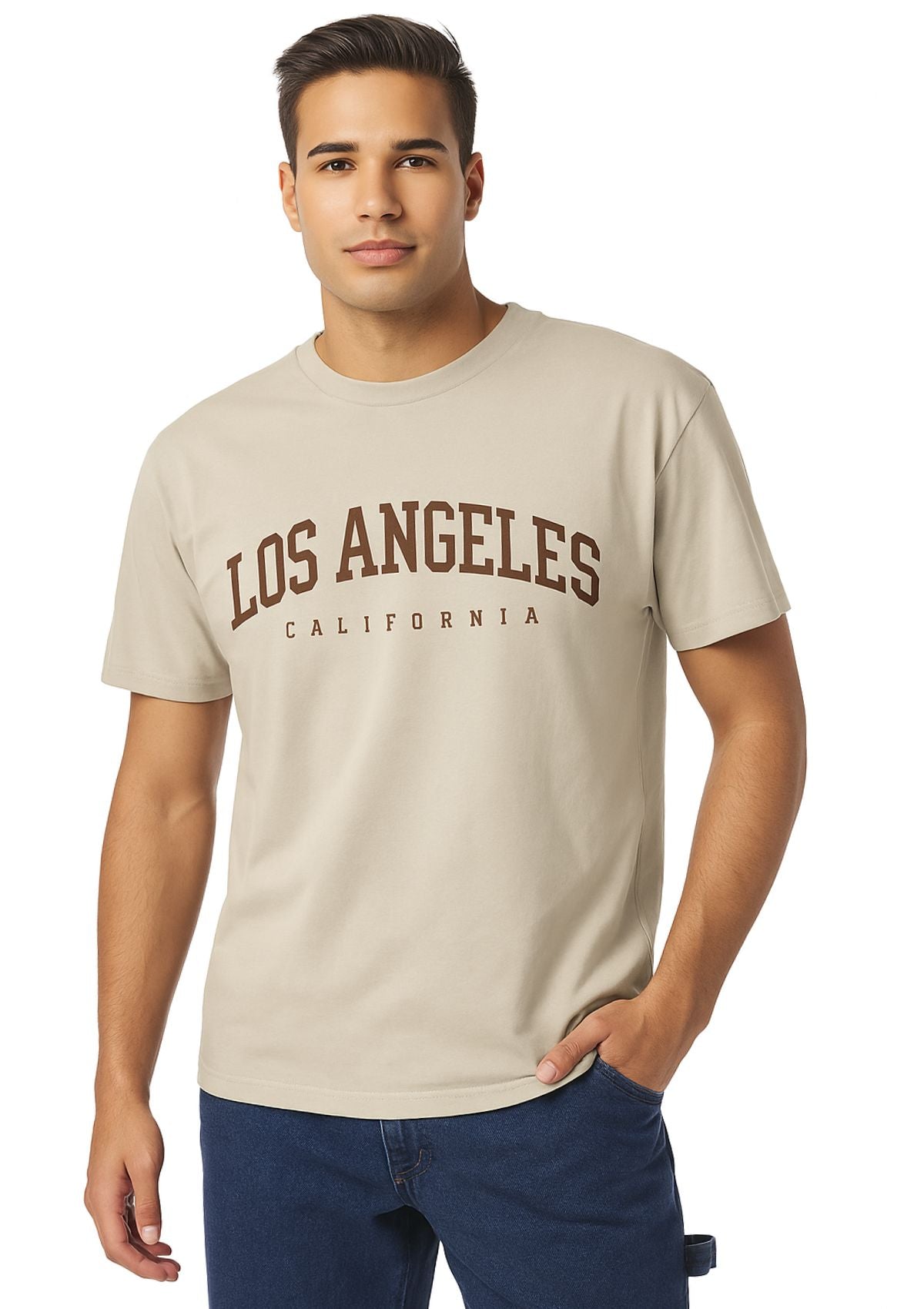 Man wearing  a tan t-shirt with Los Angeles California