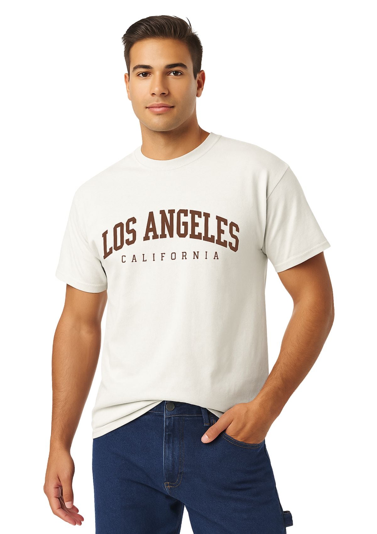 Man wearing a white t-shirt with 'Los Angeles California' text 