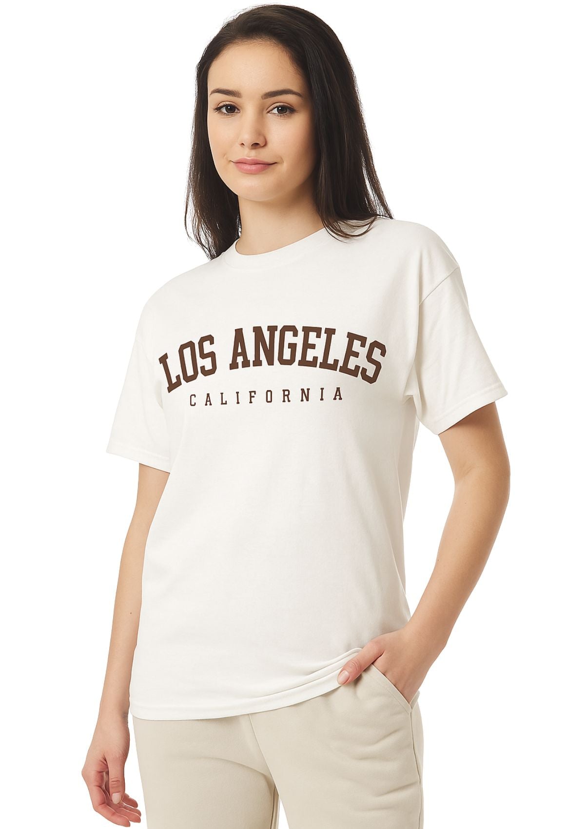 Woman wearing a white t-shirt with Los Angeles California text 