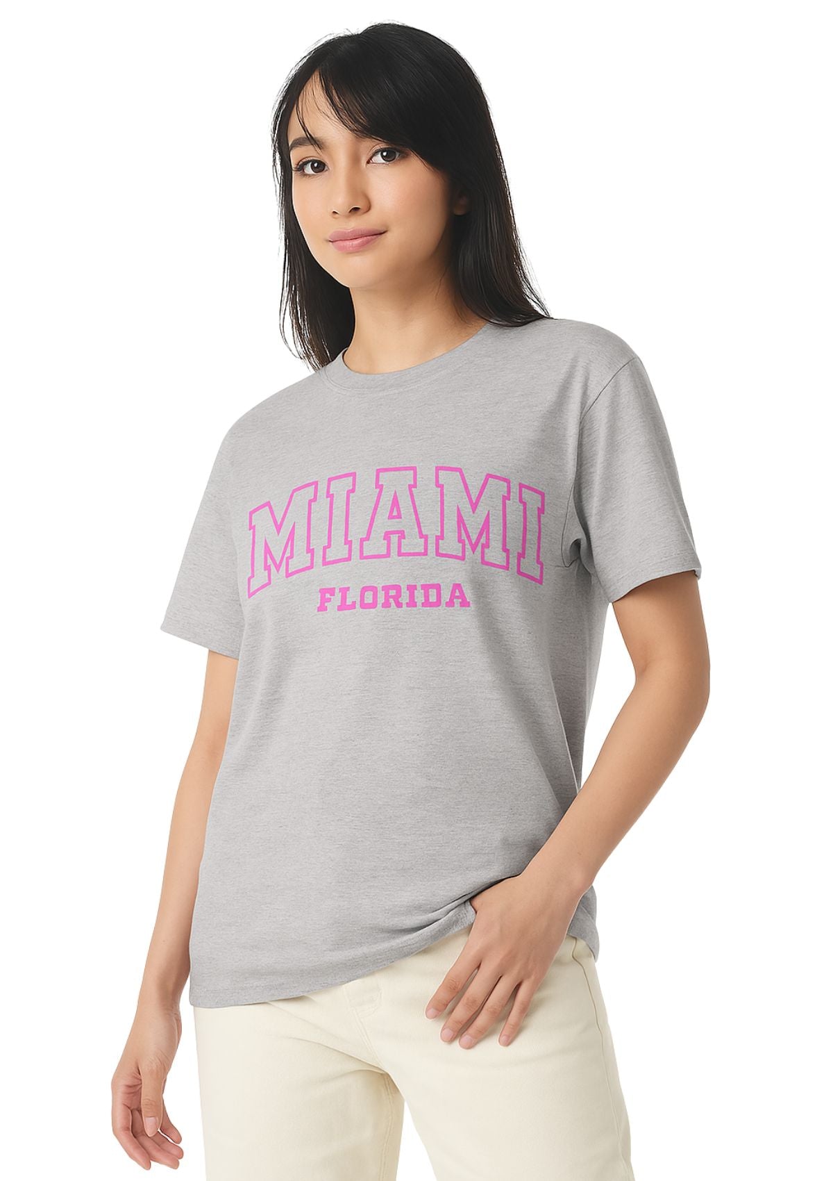 Person wearing a athletic gray t-shirt with 'MIAMI FLORIDA' in pink text 