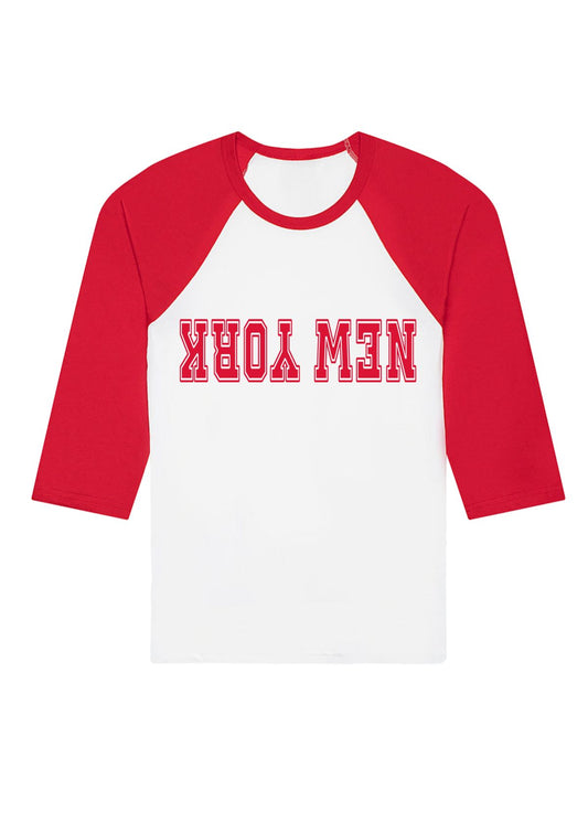 Unisex New York FlipSide Baseball T-Shirt in red and white with upside-down varsity print — North American made Airlume cotton tee by Tourist Tee Co.