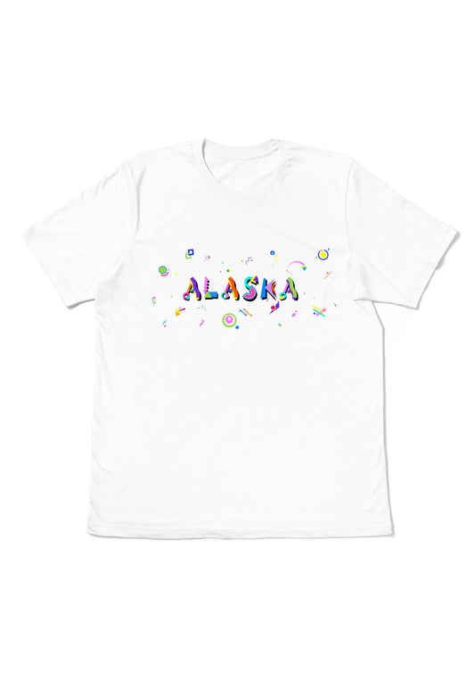 ALASKA,  printed colorful Memphis font white flat tee