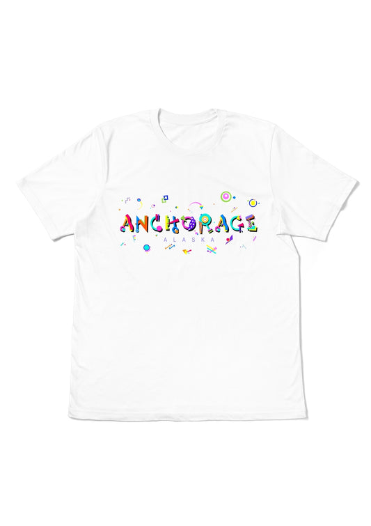 ANCHORAGE, ALASKA,  printed colorful Memphis font white flat tee