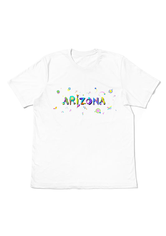 ARIZONA,  printed colorful Memphis font white flat tee