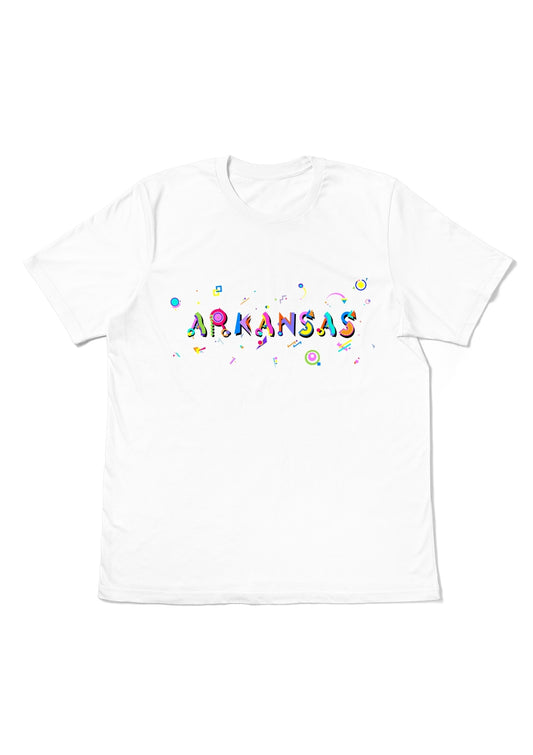 ARKANSAS, printed colorful Memphis font white flat tee