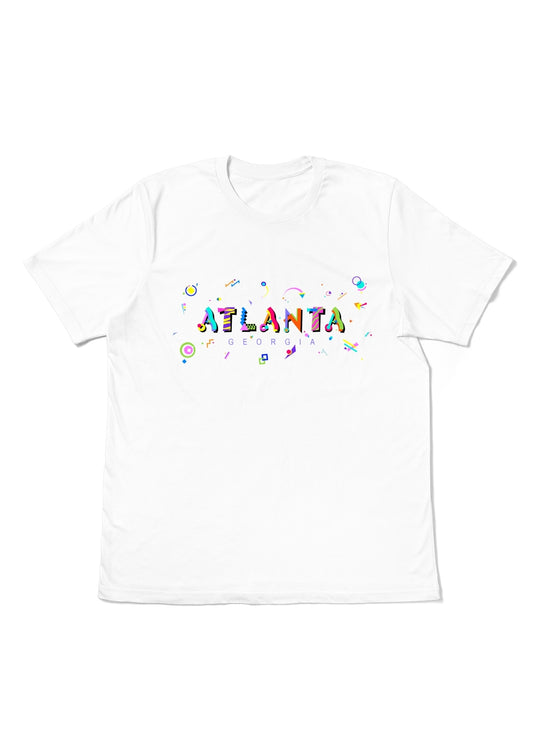 ATLANTA, GEORGIA, printed colorful Memphis font white flat tee