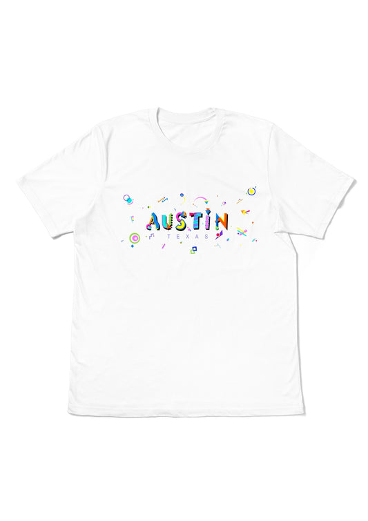 AUSTIN, TEXAS, printed colorful Memphis font white flat tee