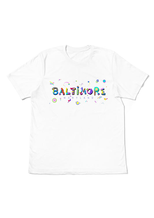 BALTIMORE, MARYLAND,  printed colorful Memphis font white flat tee