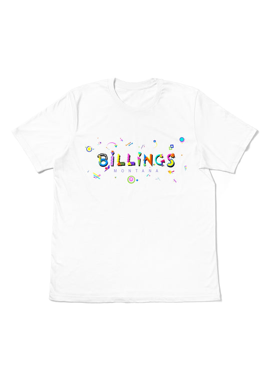 BILLINGS, MONTANA,  printed colorful Memphis font white flat tee