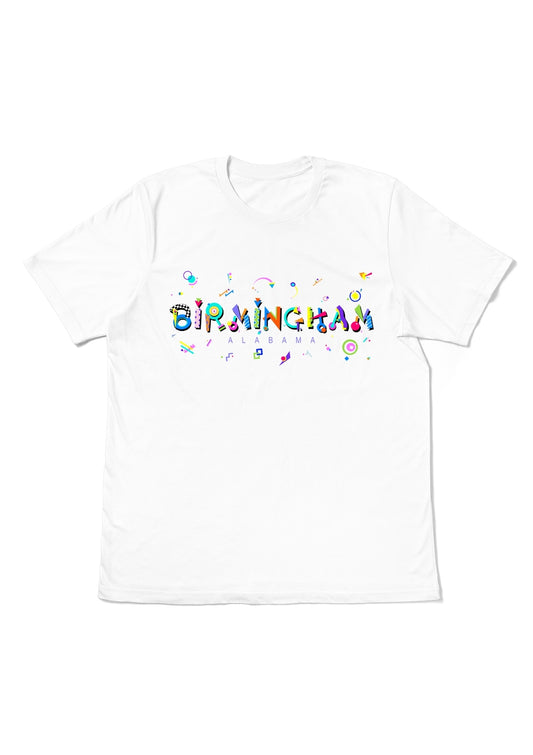 BIRMINGHAM, ALABAMA,  printed colorful Memphis font white flat tee