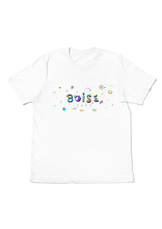 BOISE, IDAHO, printed colorful Memphis font white flat tee
