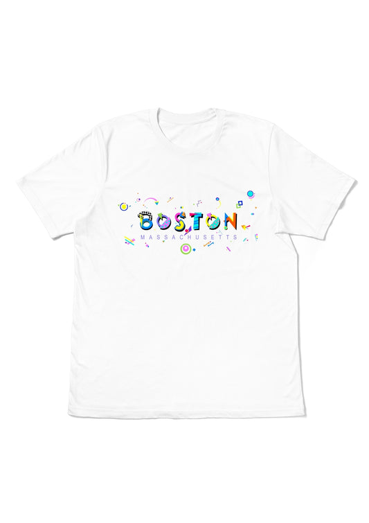BOSTON, MASSACHUSETTS, printed colorful Memphis font white flat tee