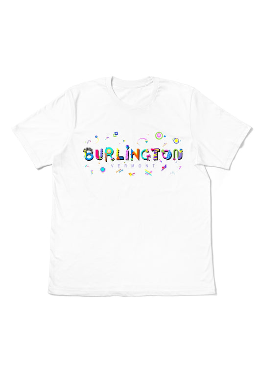 BURLINGTON, VERMONT,  printed colorful Memphis font white flat tee
