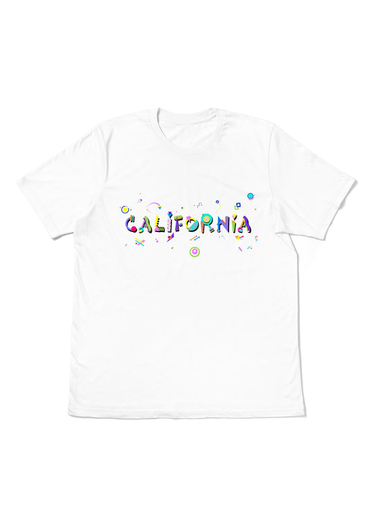 CALIFORNIA,  printed colorful Memphis font white flat tee