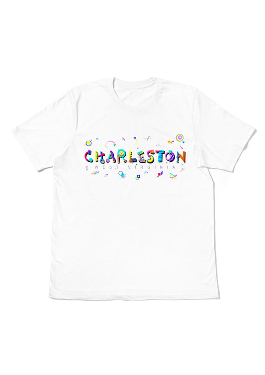 CHARLESTON, WEST VIRGINIA, printed colorful Memphis font white flat tee