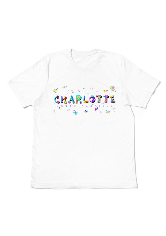 CHARLOTTE, NORTH CAROLINA, printed colorful Memphis font white flat tee