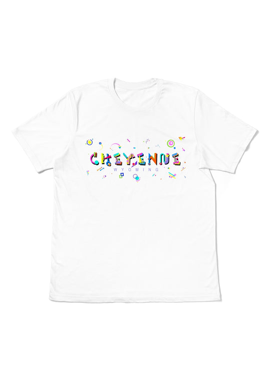 CHEYENNE, WYOMING, printed colorful Memphis font white flat tee