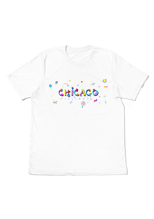 CHICAGO, ILLINOIS, printed colorful Memphis font white flat tee