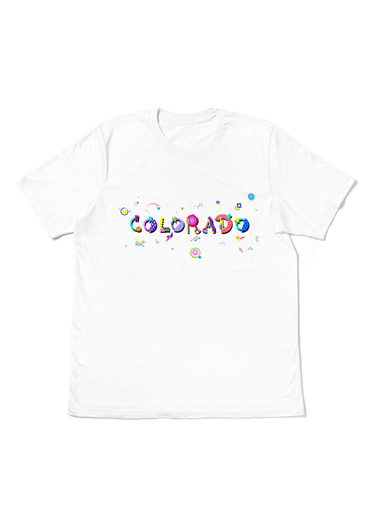 COLORADO,  printed colorful Memphis font white flat tee