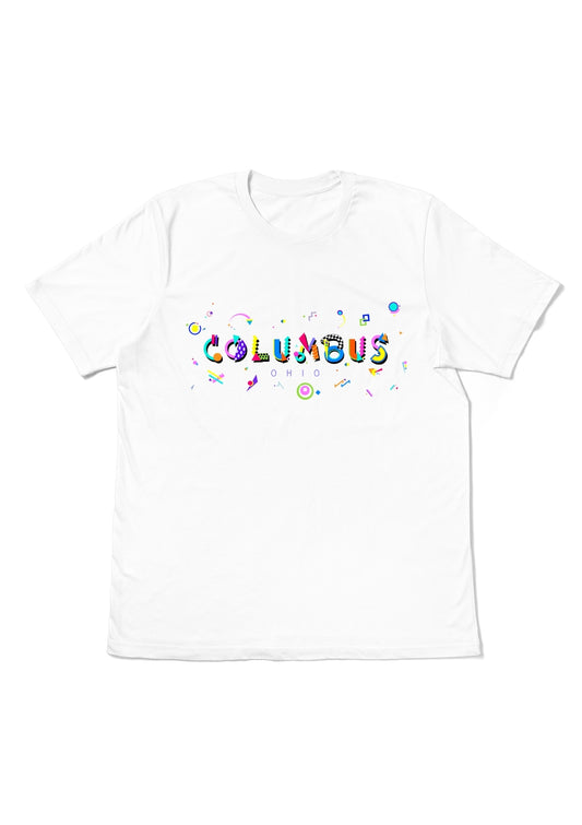 COLUMBUS, OHIO,  printed colorful Memphis font white flat tee