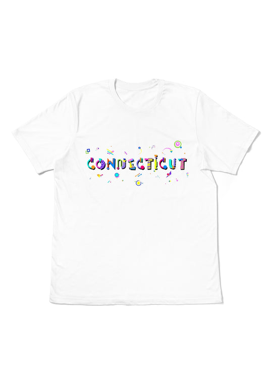 CONNECTICUT, printed colorful Memphis font white flat tee