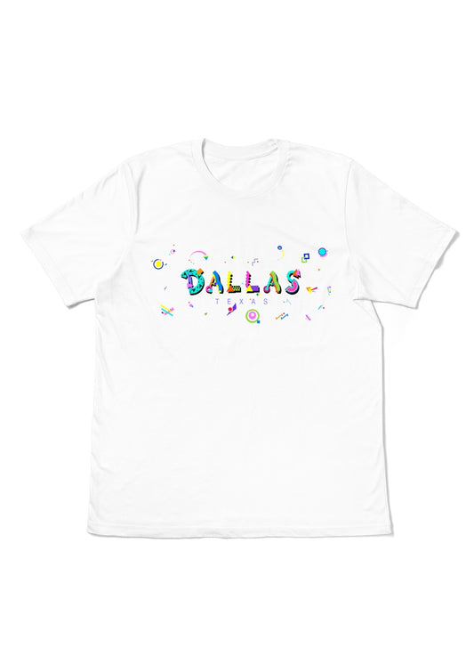 DALLAS, TEXAS, printed colorful Memphis font white flat tee