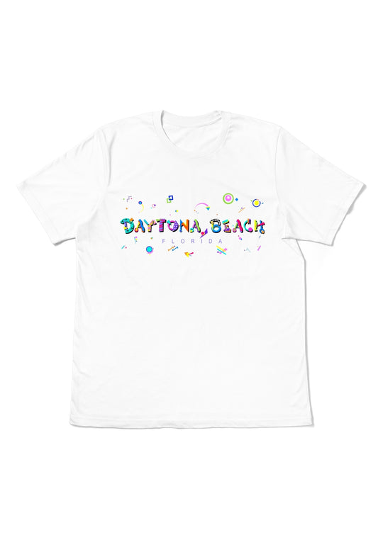 DAYTONA BEACH, FLORIDA, printed colorful Memphis font white flat tee