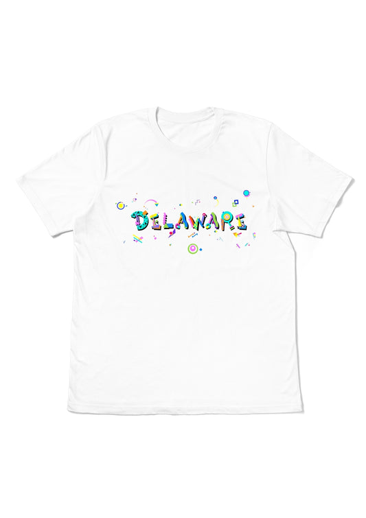 DELAWARE,  printed colorful Memphis font white flat tee