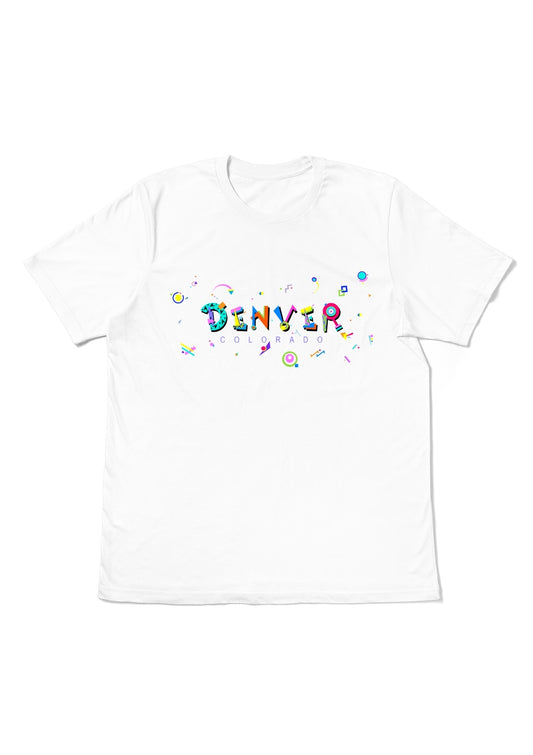 DENVER, COLORADO,  printed colorful Memphis font white flat tee