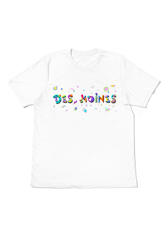 DES MOINES, IOWA, printed colorful Memphis font white flat tee