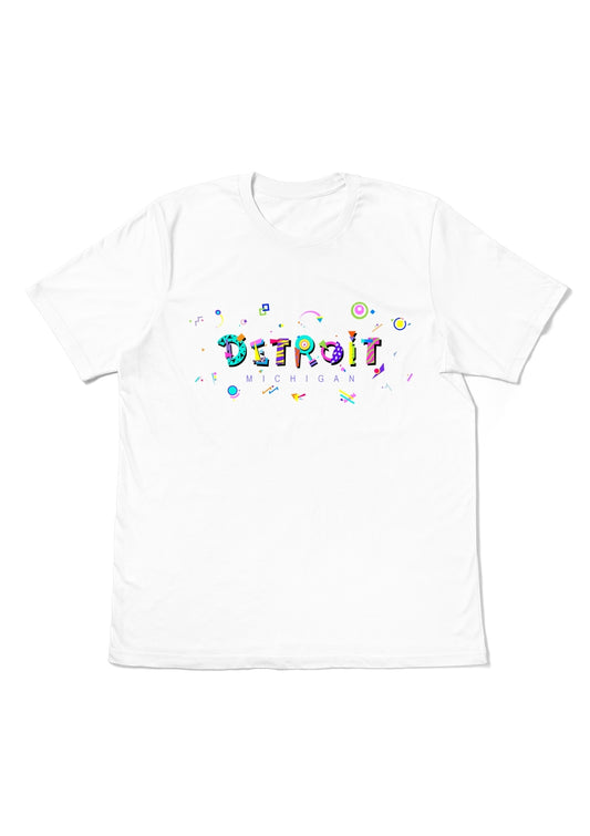 DETROIT, MICHIGAN, printed colorful Memphis font white flat tee