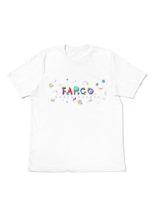 FARGO, NORTH DAKOTA,  printed colorful Memphis font white flat tee