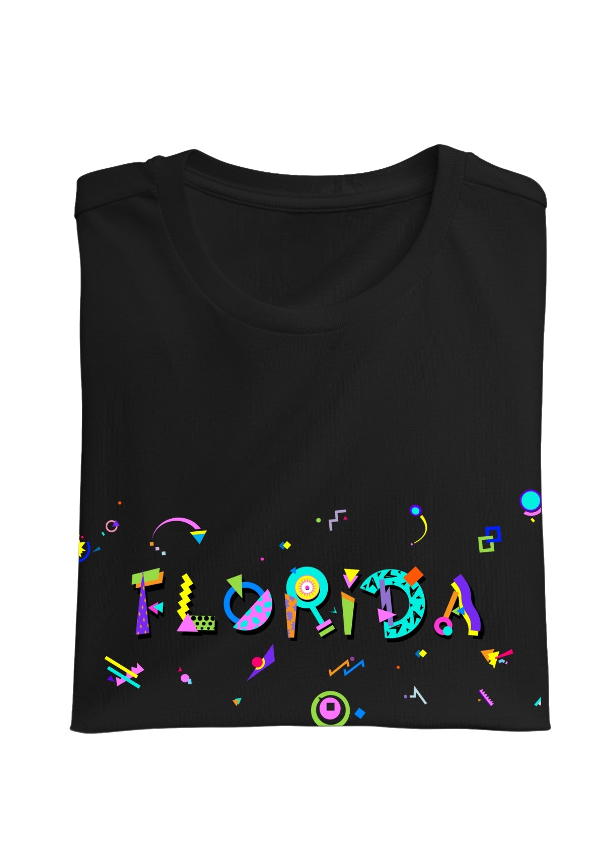 FLORIDA,  printed colorful Memphis font black folded tee
