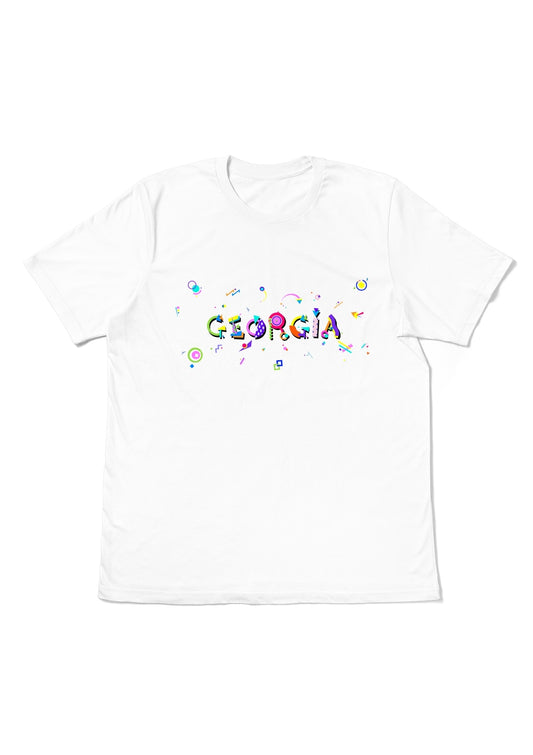 GEORGIA, printed colorful Memphis font white flat tee