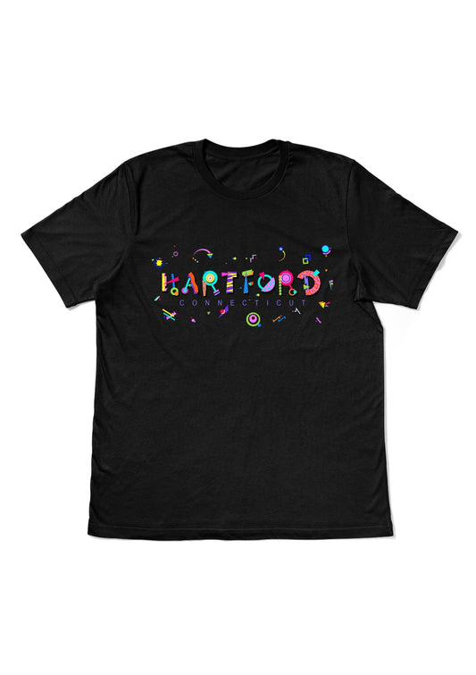 HARTFORD, CONNECTICUT, printed colorful Memphis style font black flat tee